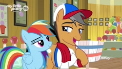 Size: 1280x720 | Tagged: safe, derpibooru import, screencap, quibble pants, rainbow dash, earth pony, pegasus, pony, common ground, ball, baseball cap, buckball museum, cap, clothes, duo, female, hat, hoof on chest, lidded eyes, male, mare, scarf, shirt, stallion, trophy