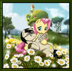 Size: 1373x1340 | Tagged: safe, artist:aspirantedeartista, fluttershy, oc, oc:flowerfield, alicorn, pegasus, pony, alicorn oc, canon x oc, female, field, flower, glasses, male, preening, shipping, straight