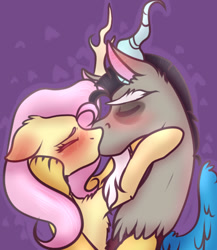 Size: 494x570 | Tagged: safe, artist:suenden-hund, discord, fluttershy, pegasus, pony, blushing, discoshy, female, kissing, male, shipping, straight