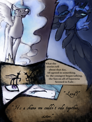 Size: 1784x2363 | Tagged: safe, artist:remains, princess celestia, princess luna, alicorn, pony, comic, flashback, nightmare luna