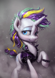 Size: 850x1200 | Tagged: safe, artist:assasinmonkey, rarity, pony, unicorn, it isn't the mane thing about you, alternate hairstyle, clothes, female, mare, raised hoof, raripunk, short hair, solo