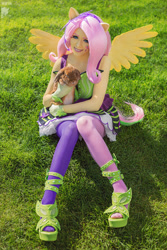 Size: 669x1004 | Tagged: safe, artist:ryoko-demon, derpibooru import, fluttershy, human, rabbit, equestria girls, rainbow rocks, clothes, cosplay, costume, high heels, irl, irl human, pantyhose, photo, ponied up, shoes, sitting, skirt, solo, stockings