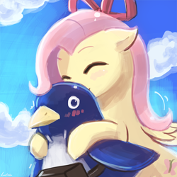 Size: 750x750 | Tagged: safe, artist:lumineko, fluttershy, penguin, 30 minute art challenge, clothes, cosplay, costume, disgaea, eyes closed, flonne, prinny, solo
