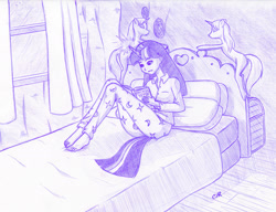 Size: 2000x1534 | Tagged: safe, artist:x-cross, derpibooru import, twilight sparkle, human, bed, book, clothes, doctor who, horned humanization, humanized, monochrome, pajamas, solo, tailed humanization