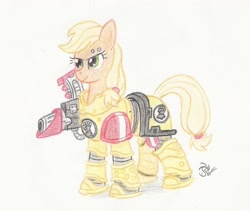 Size: 1719x1451 | Tagged: safe, artist:sensko, applejack, earth pony, pony, armor, crossover, devastator squad, female, gun, imperial fists, mare, pencil drawing, power armor, rocket launcher, solo, space marine, traditional art, warhammer (game), warhammer 30k, warhammer 40k, weapon