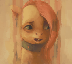 Size: 2132x1893 | Tagged: safe, artist:sharpieboss, fluttershy, pegasus, pony, collar, creepy, solo, uncanny valley