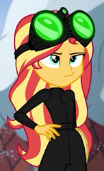 Size: 500x824 | Tagged: safe, screencap, sunset shimmer, better together, equestria girls, holidays unwrapped, catsuit, cropped, female, goggles, imagine spot, night vision goggles, solo, stealth suit, winter break-in