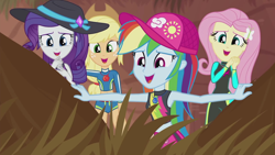 Size: 1920x1080 | Tagged: safe, derpibooru import, screencap, applejack, fluttershy, rainbow dash, rarity, aww... baby turtles, better together, equestria girls, baseball cap, cap, cute, dashabetes, dawwww, female, geode of fauna, geode of shielding, geode of super speed, geode of super strength, hat, jackabetes, magical geodes, quartet, raribetes, shyabetes, smiling, sun hat, wetsuit