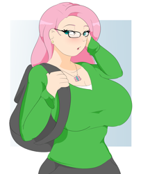 Size: 3000x3700 | Tagged: safe, artist:skyearts, fluttershy, human, backpack, big breasts, blushing, breasts, clothes, cutie mark necklace, earring, female, glasses, hootershy, huge breasts, humanized, necklace, piercing, solo