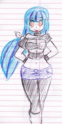 Size: 1093x2165 | Tagged: safe, artist:orochivanus, derpibooru import, sonata dusk, equestria girls, belly button, blushing, clothes, lined paper, looking at you, midriff, miniskirt, pantyhose, ponytail, short shirt, skirt, solo, tongue out, traditional art, younger