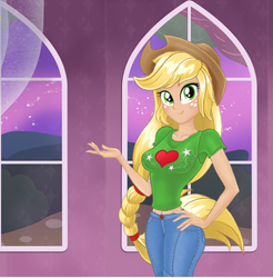 Size: 400x406 | Tagged: safe, artist:kimpossiblelove, applejack, equestria girls, applerack, breasts, clothes, female, fynsy, hand on hip, midriff, panties, solo, underwear