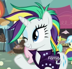 Size: 736x700 | Tagged: safe, screencap, rarity, pony, unicorn, it isn't the mane thing about you, alternate hairstyle, cropped, discovery family logo, female, mare, one eye closed, raripunk, wink