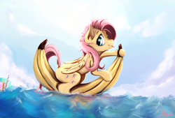 Size: 1600x1080 | Tagged: safe, artist:miokomata, fluttershy, princess celestia, alicorn, pegasus, pony, banana, boat, cloud, crown, cute, fangs, female, floating, food, jewelry, looking at you, mare, regalia, shyabetes, smiling, solo focus, tongue out, water, when you see it