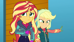 Size: 1920x1080 | Tagged: safe, screencap, applejack, sunset shimmer, better together, equestria girls, holidays unwrapped, clothes, duo, duo female, female, gloves, jacket, self-storage facility, sweater, turtleneck, vest, winter break-in, winter jacket, winter outfit