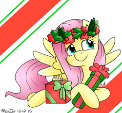 Size: 720x671 | Tagged: safe, artist:melodicmarzipan, fluttershy, pegasus, pony, christmas, holly, looking away, lying, present, smiling, solo, spread wings, wreath