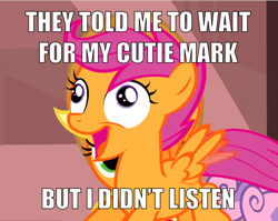 Size: 900x715 | Tagged: safe, applejack, scootaloo, earth pony, pony, derp, exploitable meme, i didn't listen, image macro, meme