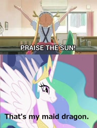 Size: 720x942 | Tagged: safe, princess celestia, alicorn, pony, dark souls, female, mare, meme, miss kobayashi's dragon maid, praise the sun, that's my x, tohru