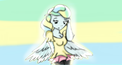 Size: 1536x821 | Tagged: safe, artist:toontownjoy, derpibooru import, vapor trail, human, backlighting, clothes, cute, humanized, pantyhose, pony coloring, shirt, skirt, solo, t-shirt, winged humanization