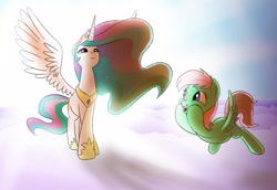 Size: 3669x2520 | Tagged: safe, artist:doublewbrothers, princess celestia, oc, oc:pending storm, alicorn, pegasus, pony, cloud, fangasm, female, high res, mare, spread wings, squishy cheeks, sun, wings