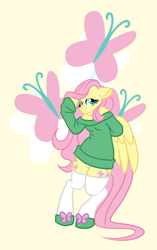 Size: 1982x3155 | Tagged: safe, artist:alexdealey, fluttershy, anthro, unguligrade anthro, arm hooves, clothes, horseshoes, panties, shoes, socks, solo, sweater, sweatershy, underwear, white underwear