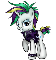 Size: 1024x1092 | Tagged: safe, artist:legenddestroye, rarity, pony, unicorn, it isn't the mane thing about you, alternate hairstyle, female, mare, raised hoof, raripunk, simple background, solo, spiked wristband, transparent background, watermark, wristband