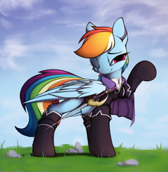 Size: 2000x2040 | Tagged: safe, artist:hitbass, derpibooru import, part of a set, rainbow dash, pegasus, pony, cape, clothes, fantasy class, female, looking at you, mare, one eye closed, pocket, rapier, solo, sword, weapon, wink