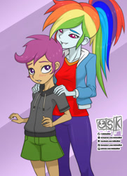 Size: 1445x2000 | Tagged: safe, artist:oldskullkid, derpibooru import, rainbow dash, scootaloo, equestria girls, age difference, blushing, clothes, female, hoodie, lesbian, looking at you, scootadash, shipping, shirt, shorts, smiling