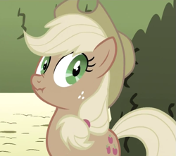 Size: 803x711 | Tagged: safe, screencap, applejack, earth pony, pony, the return of harmony, discorded, female, freckles, hat, liar face, liarjack, looking at you, mare, nose wrinkle, scrunchy face, solo