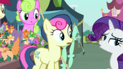Size: 960x540 | Tagged: safe, screencap, bon bon, daisy, flower wishes, lily, lily valley, rarity, roseluck, sweetie drops, earth pony, pony, unicorn, it isn't the mane thing about you, :o, amused, animated, background pony, bon bon is amused, boop, boop bon, cute, female, flower, flower trio, frown, gif, grin, lidded eyes, mare, nose wrinkle, open mouth, smiling, talking, wide eyes