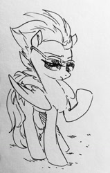 Size: 812x1280 | Tagged: safe, artist:glacierclear, derpibooru import, spitfire, frown, monochrome, raised hoof, sketch, solo, sunglasses, traditional art