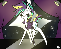 Size: 1280x1024 | Tagged: safe, artist:dewmodblep, rarity, pony, unicorn, it isn't the mane thing about you, alternate hairstyle, belt, catwalk, clothes, curtains, female, jacket, leather jacket, looking at you, mare, one eye closed, raripunk, solo, spotlight, wink