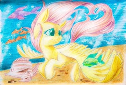 Size: 1119x755 | Tagged: safe, artist:theorderofalisikus, fluttershy, fish, pegasus, pony, pencil drawing, solo, traditional art, underwater, watershy