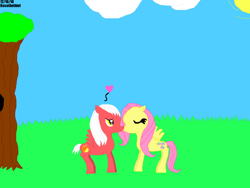 Size: 900x675 | Tagged: safe, artist:rosethethief, fluttershy, oc, pegasus, pony, canon x oc, kissing, shipping