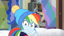 Size: 1600x900 | Tagged: safe, derpibooru import, screencap, princess celestia, principal celestia, rainbow dash, better together, equestria girls, holidays unwrapped, bookshelf, clothes, lockers, peeping, principal luna, snow, toque, window, winter outfit