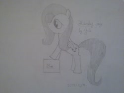 Size: 882x661 | Tagged: safe, artist:yatetiemeng, fluttershy, pegasus, pony, box, folded wings, pencil drawing, photo, solo, traditional art