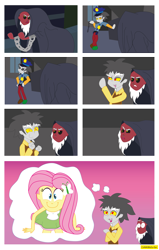 Size: 2601x4099 | Tagged: safe, artist:conikiblasu-fan, discord, fluttershy, lord tirek, equestria girls, twilight's kingdom, chains, discop, discoshy, equestria girls interpretation, equestria girls-ified, female, happyshy, male, officer discord, scene interpretation, shipping, straight