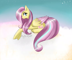 Size: 3000x2500 | Tagged: safe, artist:cat22keke, fluttershy, pegasus, pony, cloud, prone, solo