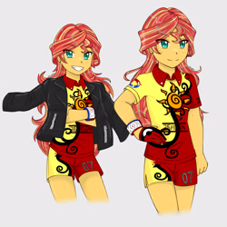 Size: 3582x3582 | Tagged: safe, artist:dragonemperror2810, sunset shimmer, human, equestria girls, clothes, crossover, eye clipping through hair, fiery shimmer, fire type, gym leader, high res, jacket, nintendo, open mouth, pokemon sword and shield, pokémon, smiling, solo, sunshine shimmer