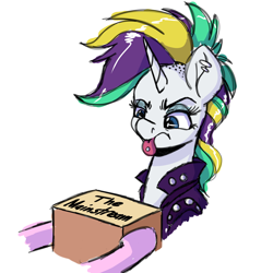 Size: 1024x1024 | Tagged: safe, artist:witchtaunter, rarity, pony, unicorn, it isn't the mane thing about you, alternate hairstyle, box, disgusted, female, hipster, mare, offscreen character, piercing, raripunk, short hair, simple background, tongue out, tongue piercing, white background