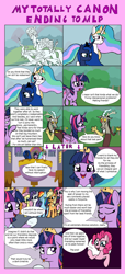 Size: 2464x5416 | Tagged: safe, artist:nuxersopus, derpibooru import, applejack, cozy glow, discord, fluttershy, lord tirek, pinkie pie, princess celestia, princess luna, queen chrysalis, rainbow dash, rarity, twilight sparkle, twilight sparkle (alicorn), alicorn, changeling, changeling queen, draconequus, earth pony, pegasus, pony, unicorn, the ending of the end, the last problem, 4th wall break, alternate ending, alternate universe, comic, female, how it should have ended, male, mane six, mare, statue