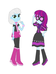 Size: 514x672 | Tagged: safe, artist:mariairini, derpibooru import, mystery mint, photo finish, equestria girls, boots, bracelet, clothes, clothes swap, costume swap, glasses, high heel boots, jewelry, pantyhose, scarf, simple background, skirt, sunglasses, transparent background