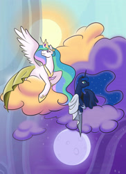 Size: 2400x3300 | Tagged: safe, artist:nytewell, princess celestia, princess luna, alicorn, pony, clothes, cloud, day, dress, duality, female, looking up, mare, moon, night, prone, royal sisters, sky, smiling, spread wings, sun, twilight (astronomy), wings