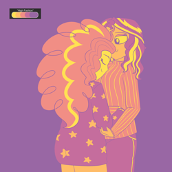 Size: 2250x2250 | Tagged: safe, artist:suchosophie, adagio dazzle, sunset shimmer, human, equestria girls, clothes, female, hug, lesbian, limited palette, shipping, simple background, sunsagio, sweater