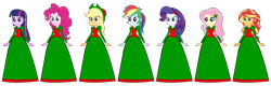 Size: 1024x327 | Tagged: safe, artist:cartoonmasterv3, applejack, fluttershy, pinkie pie, rainbow dash, rarity, sunset shimmer, twilight sparkle, human, equestria girls, christmas, clothes, holiday, long dress, long skirt, simple background, skirt, transparent background, vector