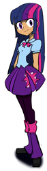 Size: 432x1572 | Tagged: safe, artist:snow angel, color edit, derpibooru exclusive, derpibooru import, edit, editor:rmzero, twilight sparkle, equestria girls, friendship games, clothes, color, colored, dark skin, hands behind back, human coloration, leg warmers, pantyhose, pleated skirt, shoes, simple background, skirt, solo, white background