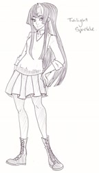 Size: 1149x1995 | Tagged: safe, artist:radsham, derpibooru import, twilight sparkle, human, bindi, clothes, humanized, monochrome, pencil drawing, skirt, solo, sweater vest, traditional art