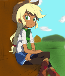 Size: 561x654 | Tagged: safe, artist:baekgup, color edit, derpibooru import, edit, editor:rmzero, applejack, human, boots, clothes, colored, colored background, cowboy boots, cowboy hat, crossed legs, cute, dark skin, female, food, hat, humanized, jackabetes, pantyhose, sitting, solo