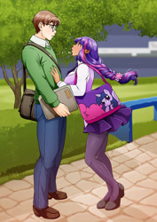 Size: 2480x3507 | Tagged: safe, artist:kirael-art, derpibooru import, twilight sparkle, twilight sparkle (alicorn), alicorn, human, bag, blushing, clothes, couple, crossover, crossover shipping, dark skin, eye contact, folder, glasses, height difference, high heels, humanized, looking at each other, male, pantyhose, park, peter parker, pleated skirt, purse, ribbon, self ponidox, shipping, shoes, skirt, skirt lift, socks, spider-man, spidertwi, stockings, straight, vest