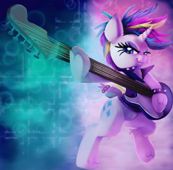 Size: 2000x1967 | Tagged: safe, artist:discorded, rarity, pony, unicorn, it isn't the mane thing about you, alternate hairstyle, bad guitar anatomy, clothes, electric guitar, female, guitar, guitarity, mare, punk, punk rock, raripunk, rock, smiling, solo