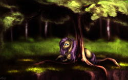 Size: 1600x1004 | Tagged: safe, artist:mylittleasspit, fluttershy, pegasus, pony, dark, forest, prone, solo, tree